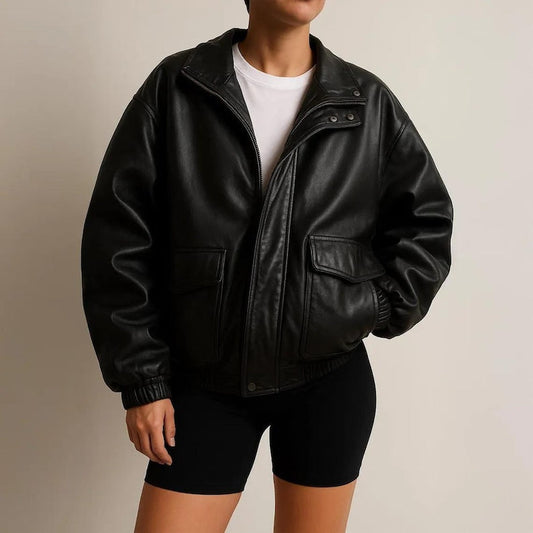 1980s Women Black Oversized Leather Jacket, Ladies Old Retro Vintage Leather Jacket, Women's Streetwear Genuine Leather Jacket, Gift For Him